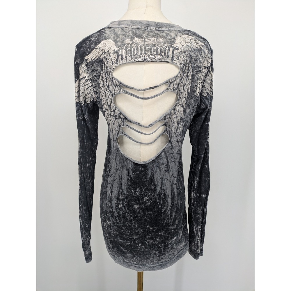 Affliction Long Sleeve Shirt Women Medium Black Angel Wing Y2K Biker Cutout Goth